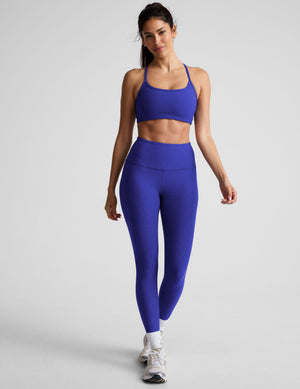 blue high-waisted midi length leggings. 