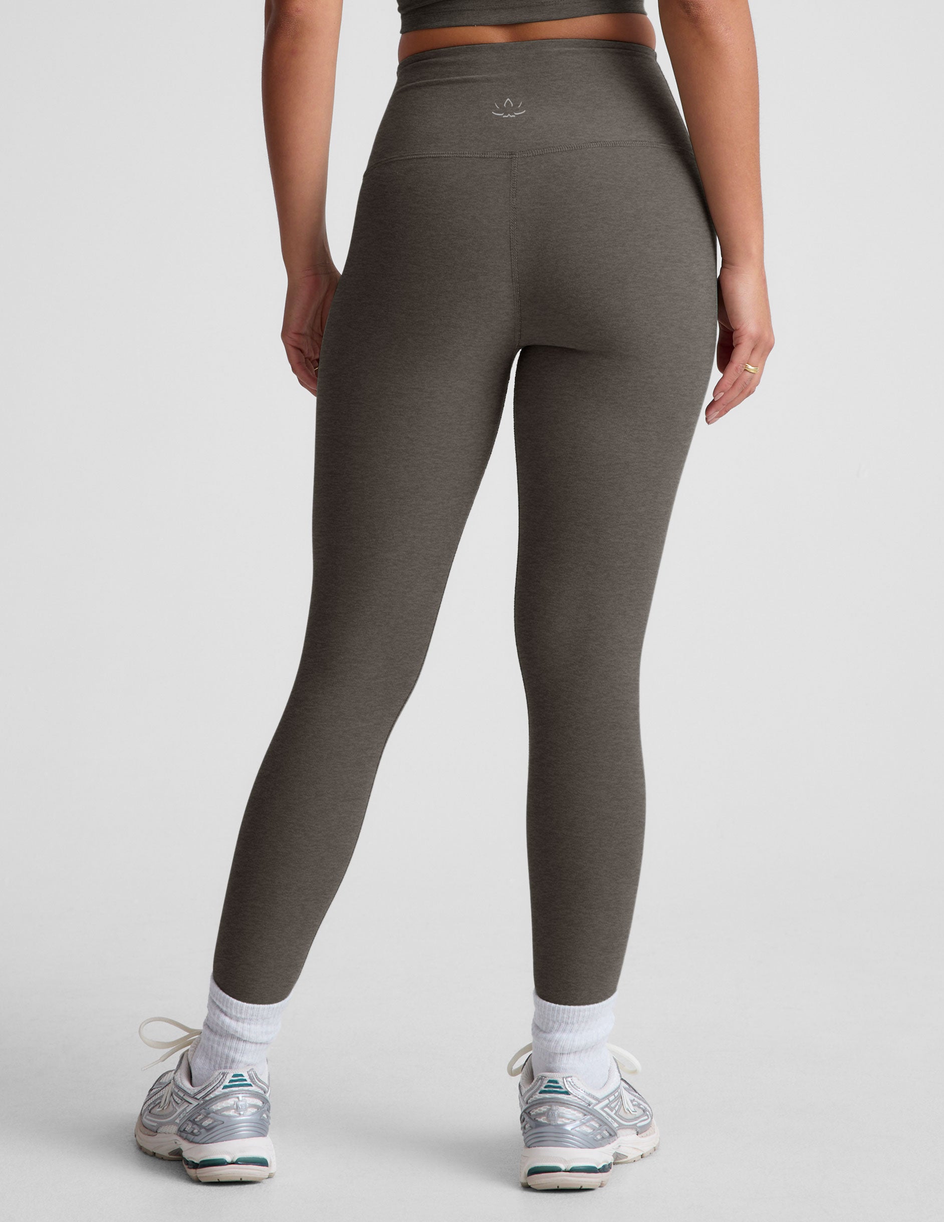 gray high-waisted midi length leggings. 