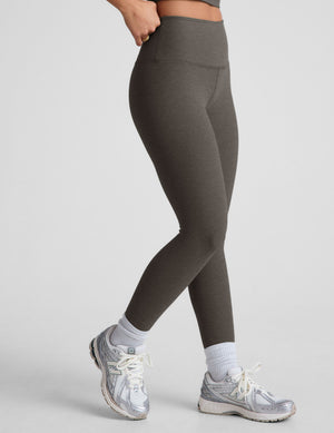 gray high-waisted midi length leggings. 