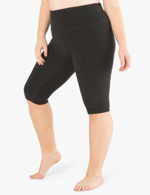 Dark gray marled Spacedye Pedal Pusher High Waisted Legging shown on a model with a snug, below-the-knee cropped fit.