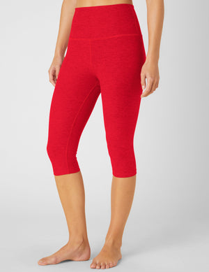 Spacedye Pedal Pusher High Waisted Legging in bright red marled fabric with a snug fit and below-the-knee cropped length.