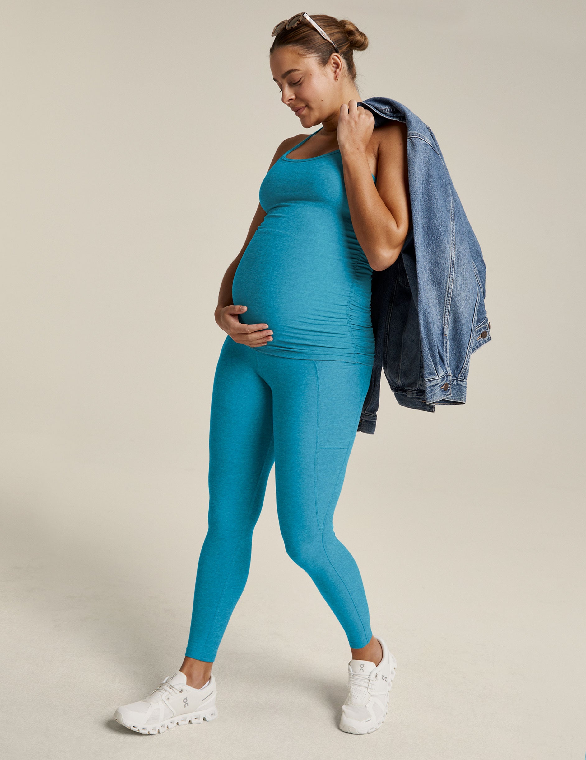 blue spacedye midi maternity pocket leggings. 