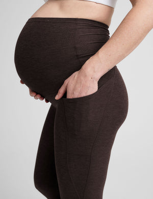 brown maternity midi length leggings with pockets. 