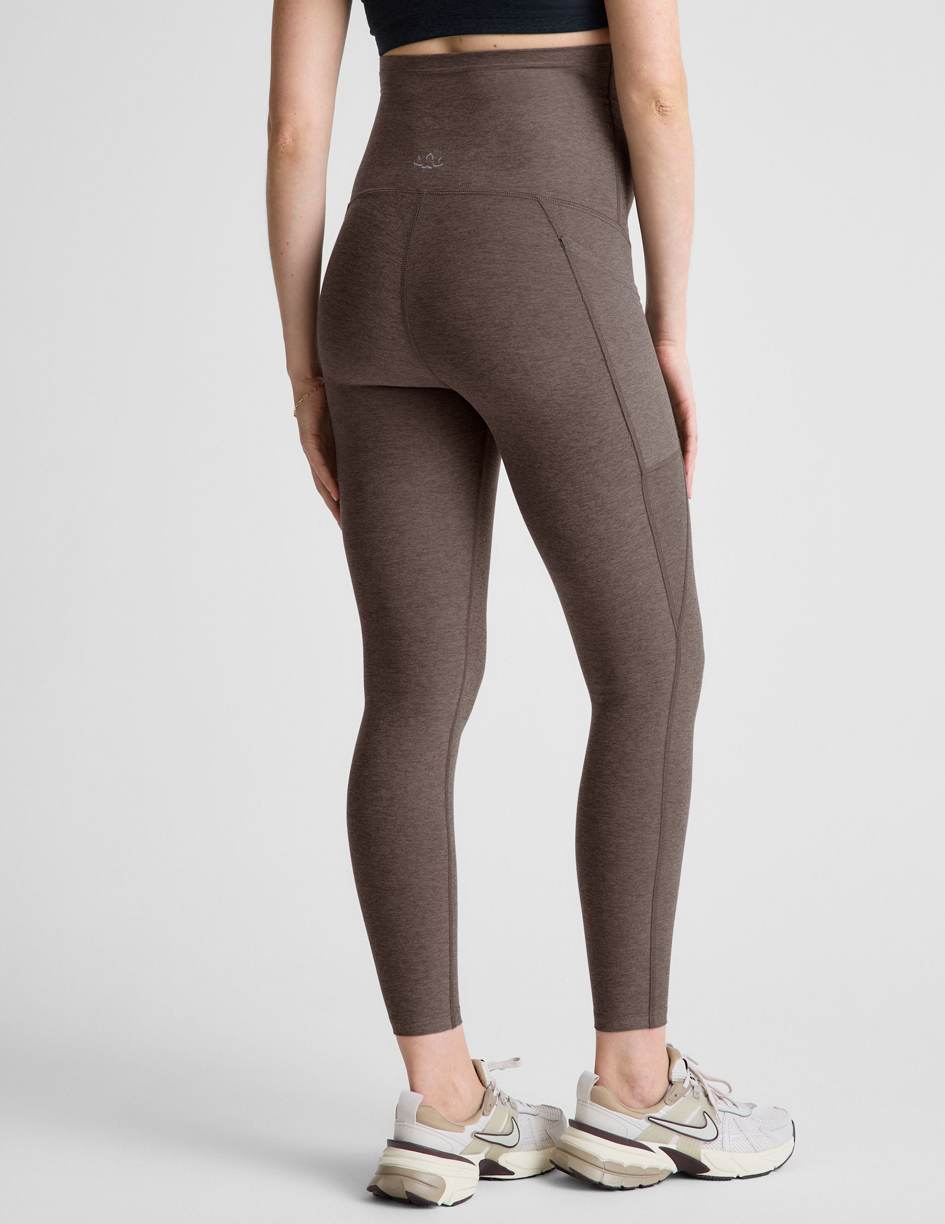 brown maternity midi leggings with side pockets. 