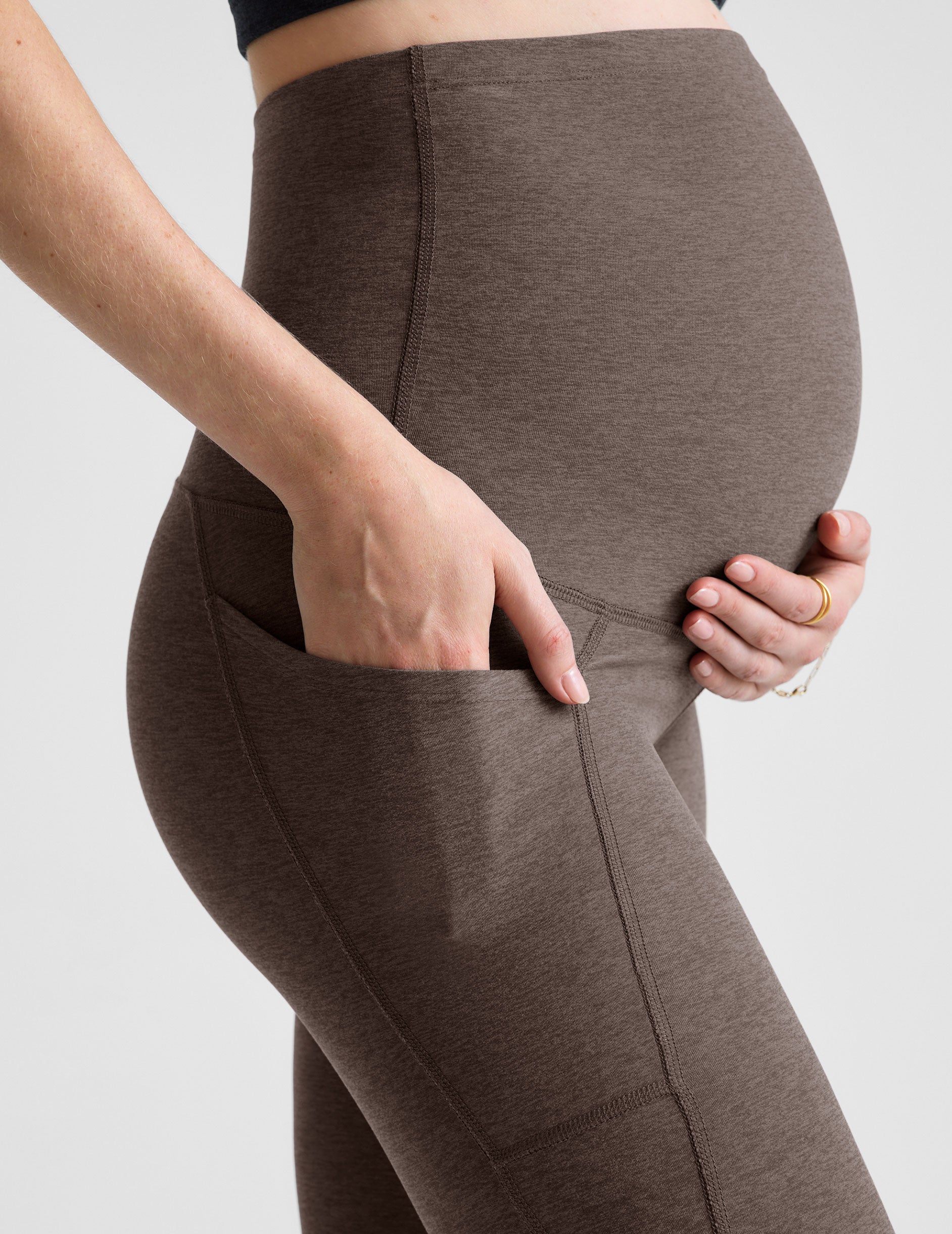 brown maternity midi leggings with side pockets. 