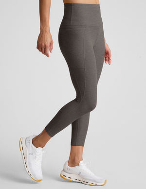 Spacedye Out Of Pocket High Waisted Capri Legging in dark gray marled fabric, featuring a side pocket and wide waistband.