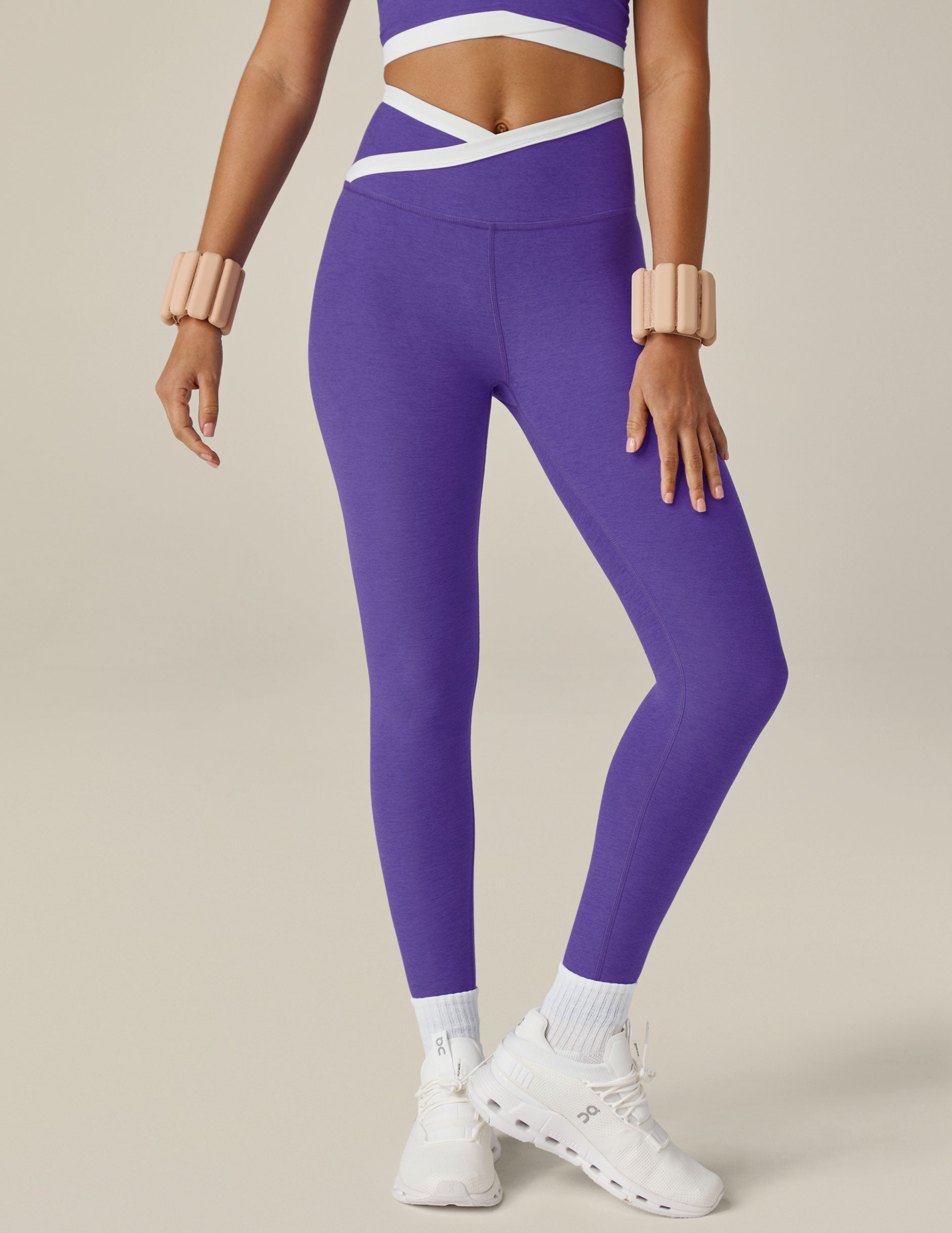 purple and white outline midi legging with criss cross fron