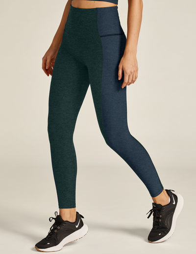 green and blue colorblock high-waisted midi leggings. 