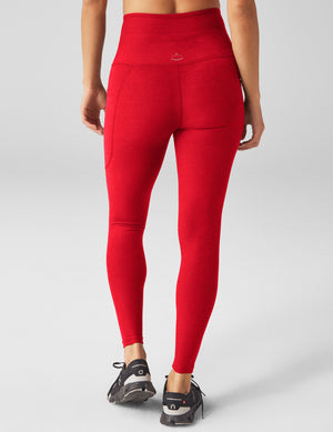red high-waisted midi leggings with a drawstring at waistband. 
