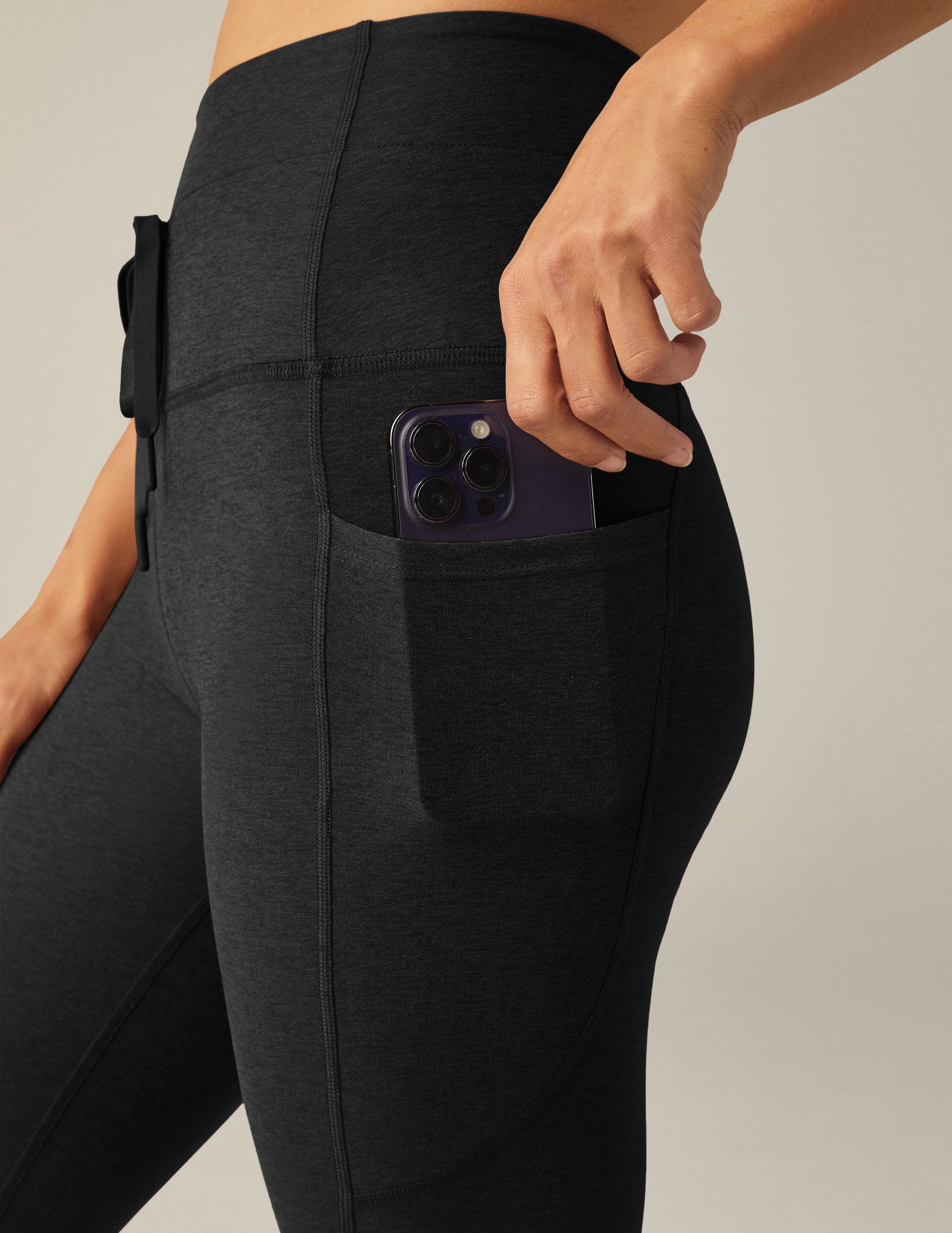 black midi pocket legging with drawstring at waist