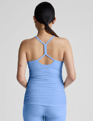 blue racerback maternity tank top with slim straps. 