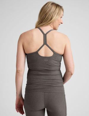 grey racerback maternity tank with slim straps. 