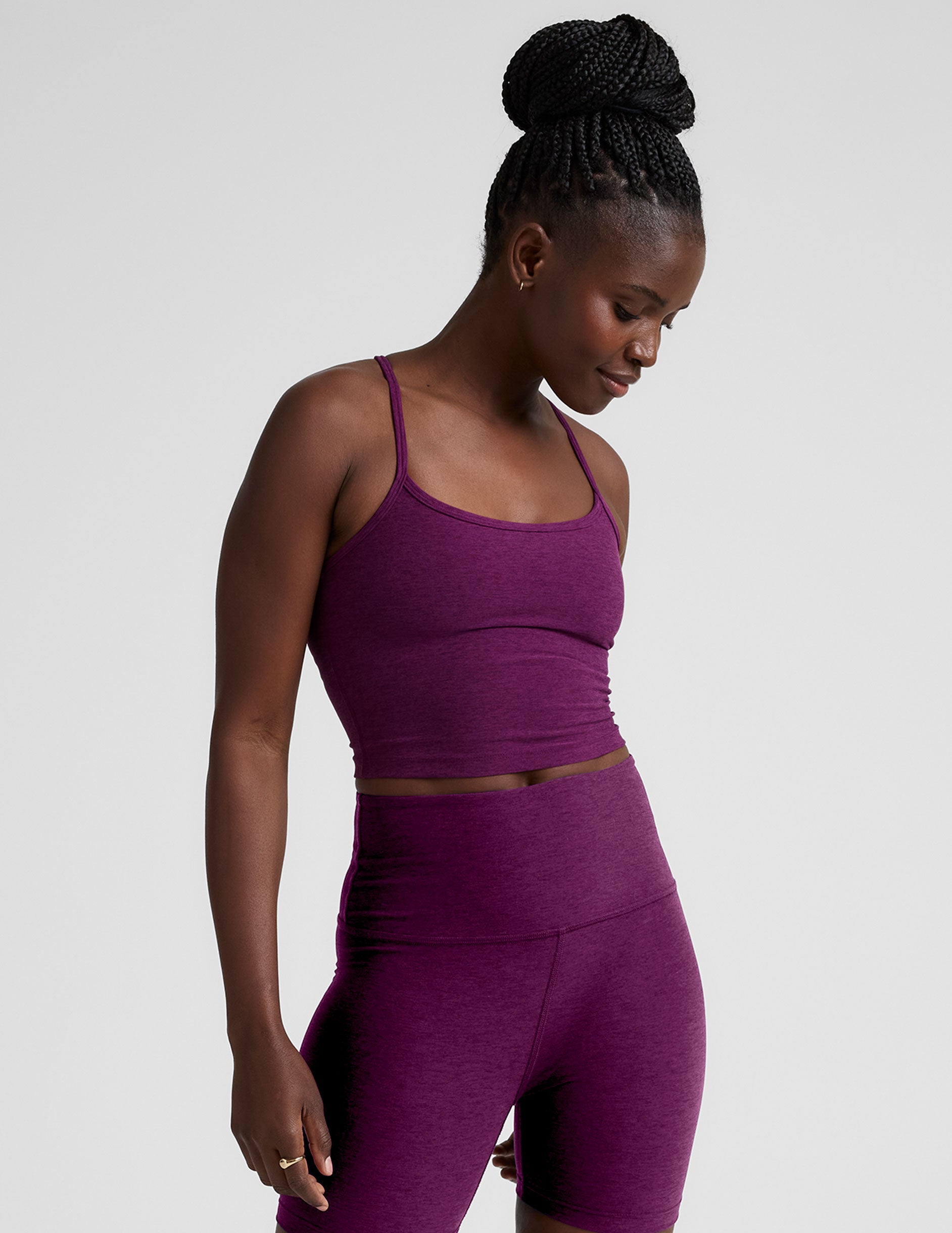 purple racerback tank top with slim straps. 