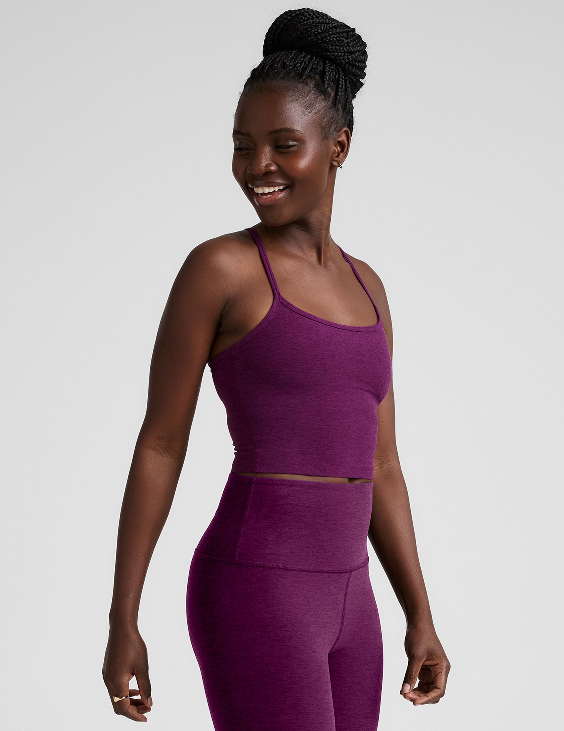 purple racerback tank top with slim straps. 
