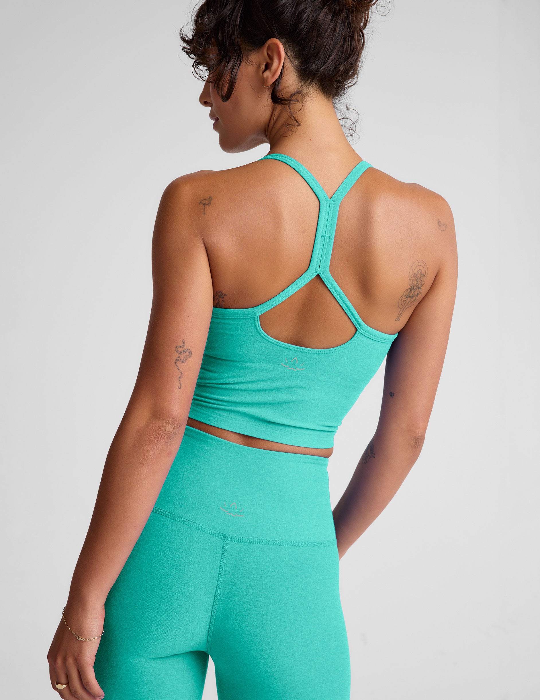 blue slim strapped racerback cropped tank top. 