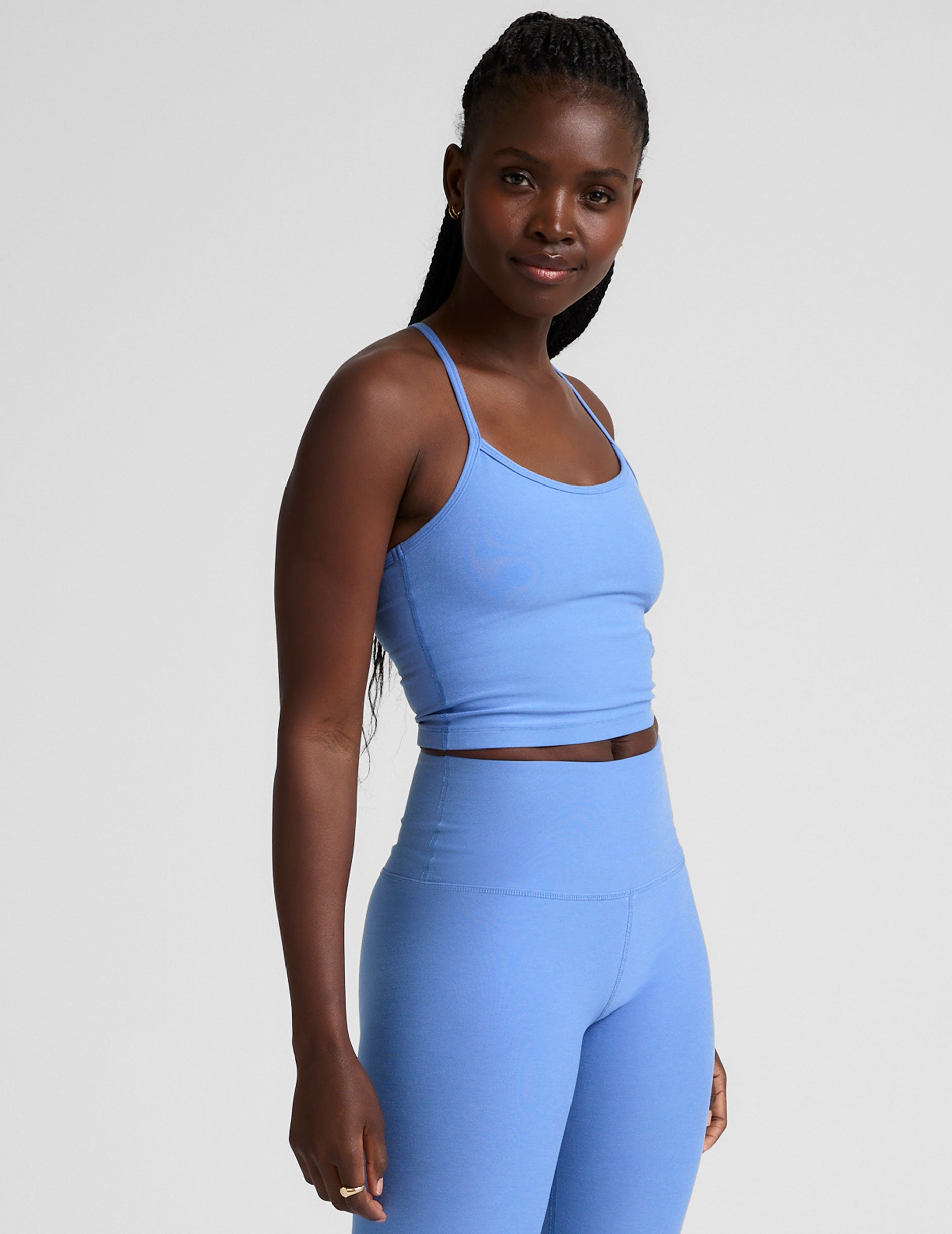 blue slim strapped cropped racerback tank top. 