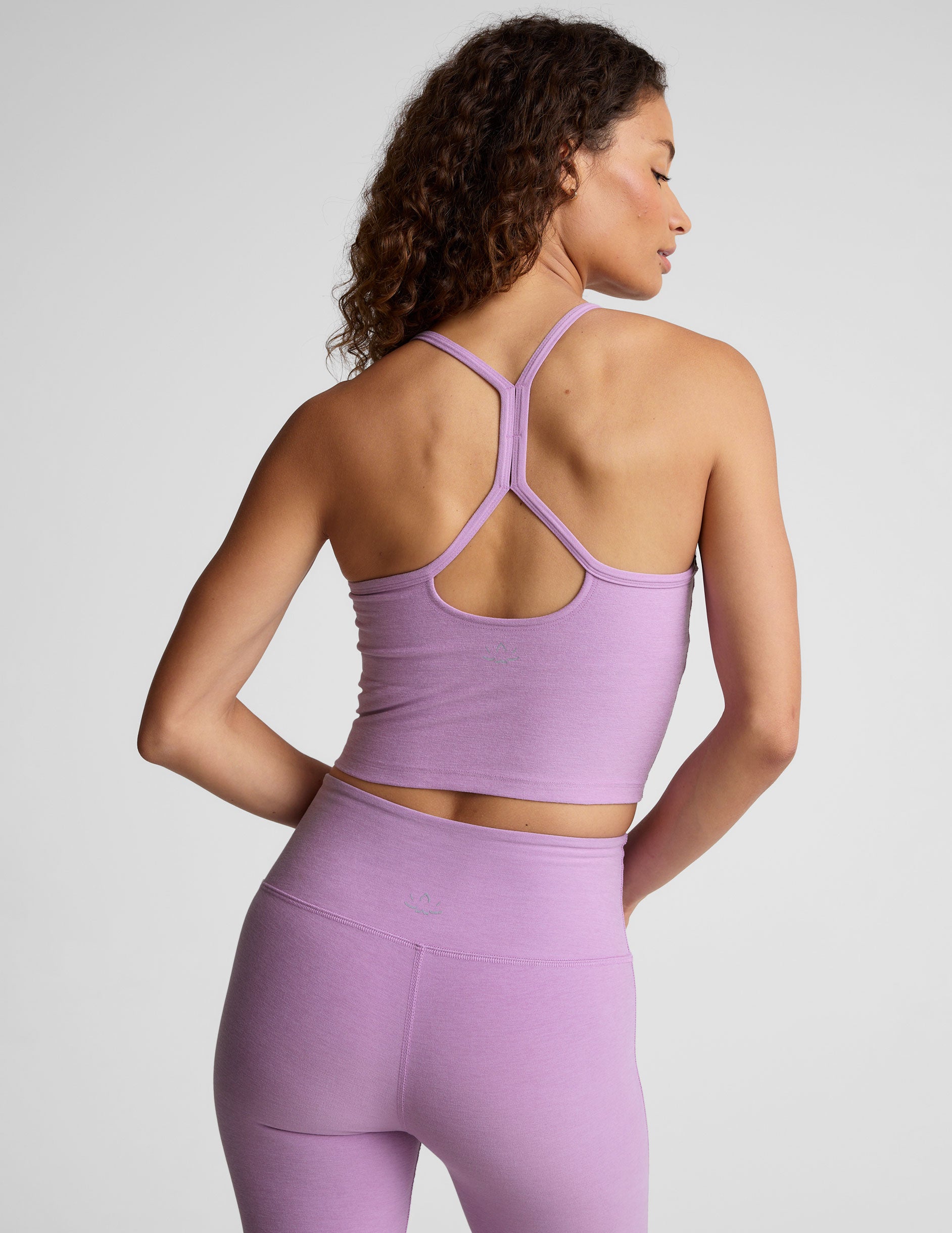 purple racerback cropped tank with spaghetti straps. 