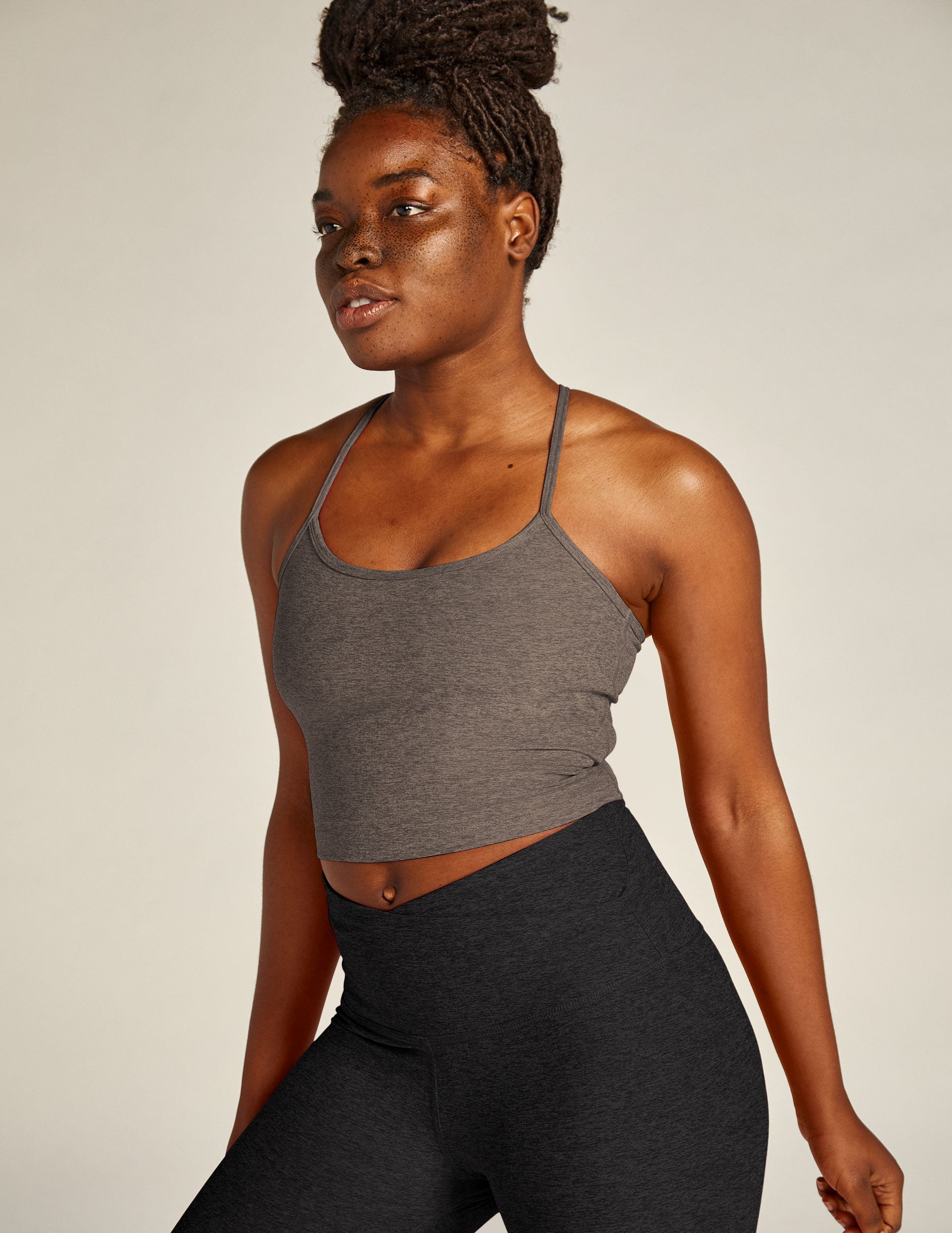 brown slim strapped racerback cropped tank top. 