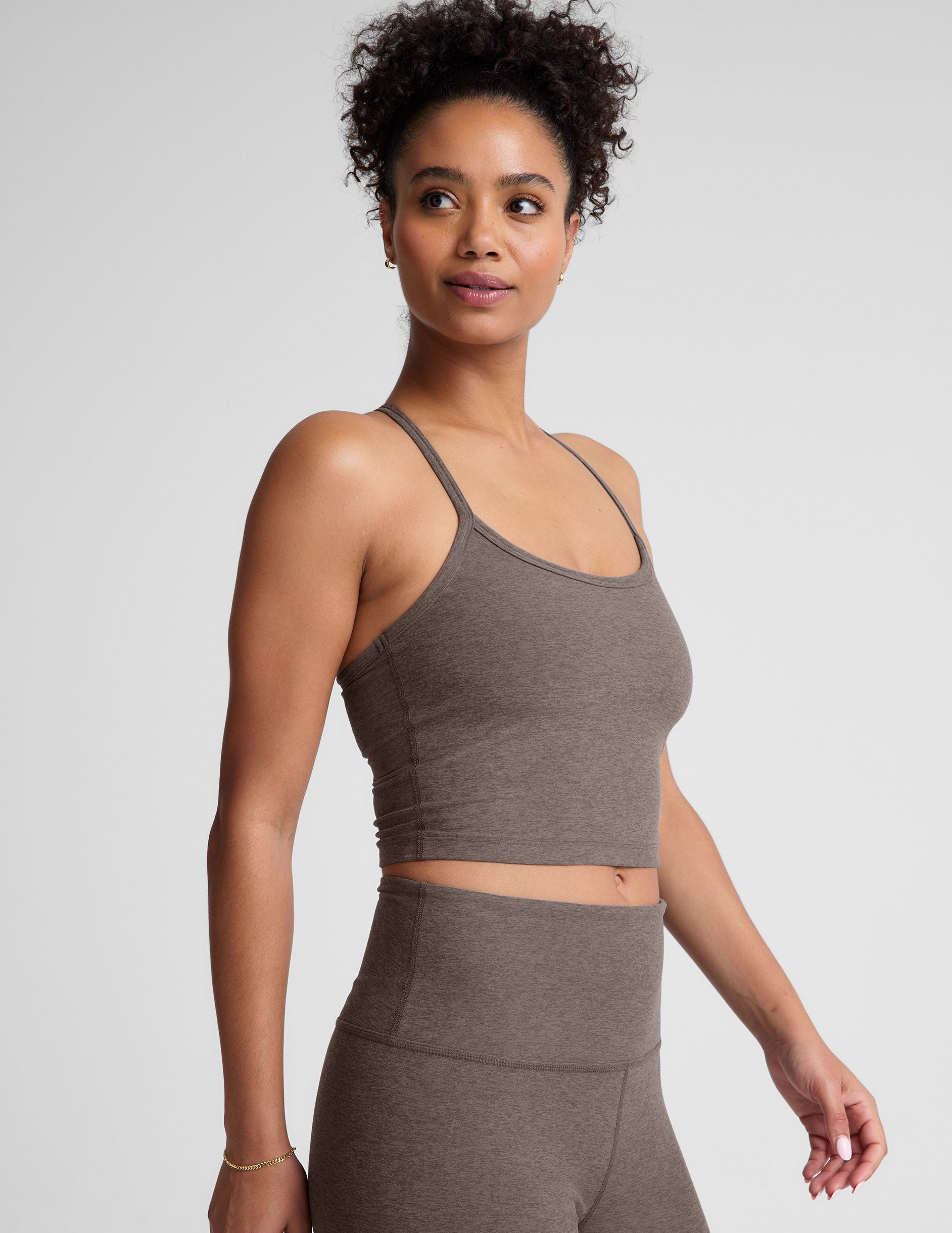 brown slim strapped racerback cropped tank top. 