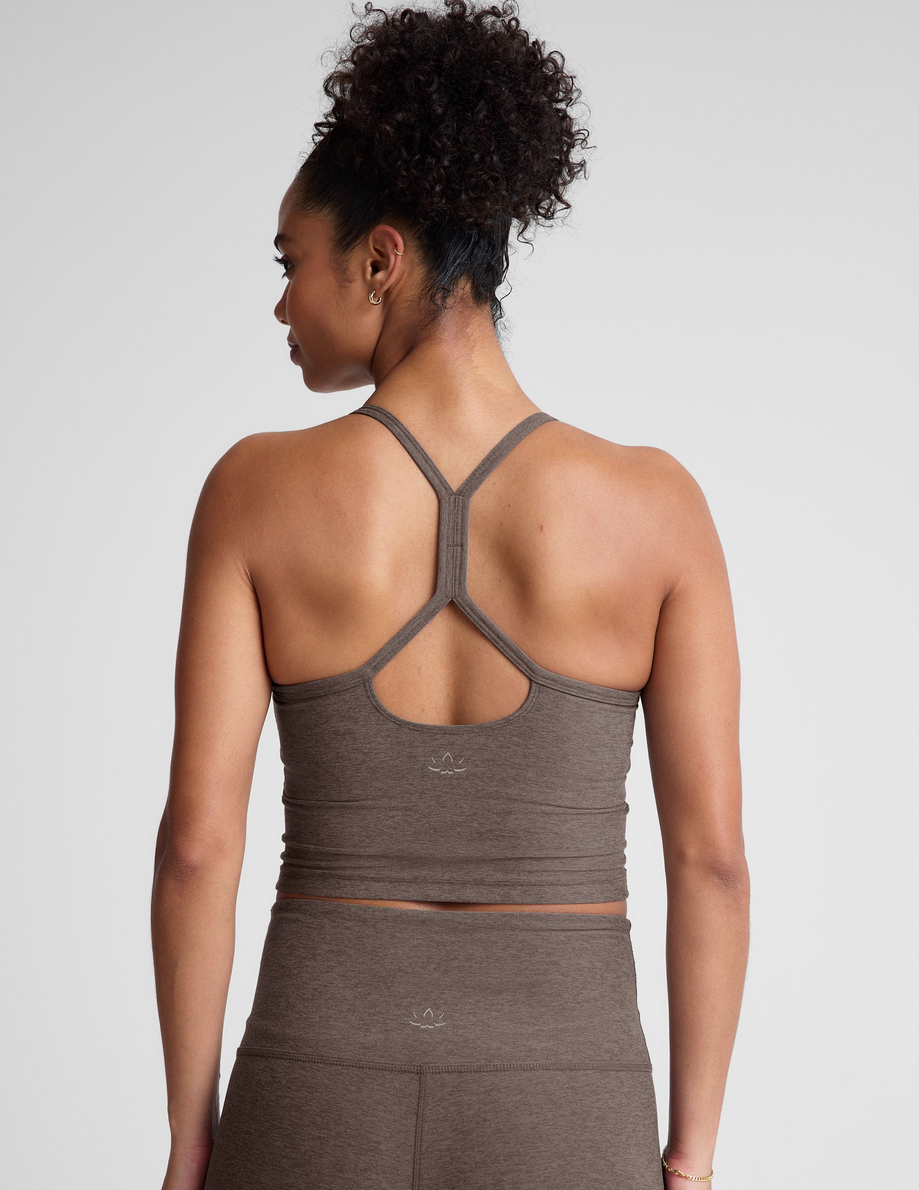 brown slim strapped racerback cropped tank top. 