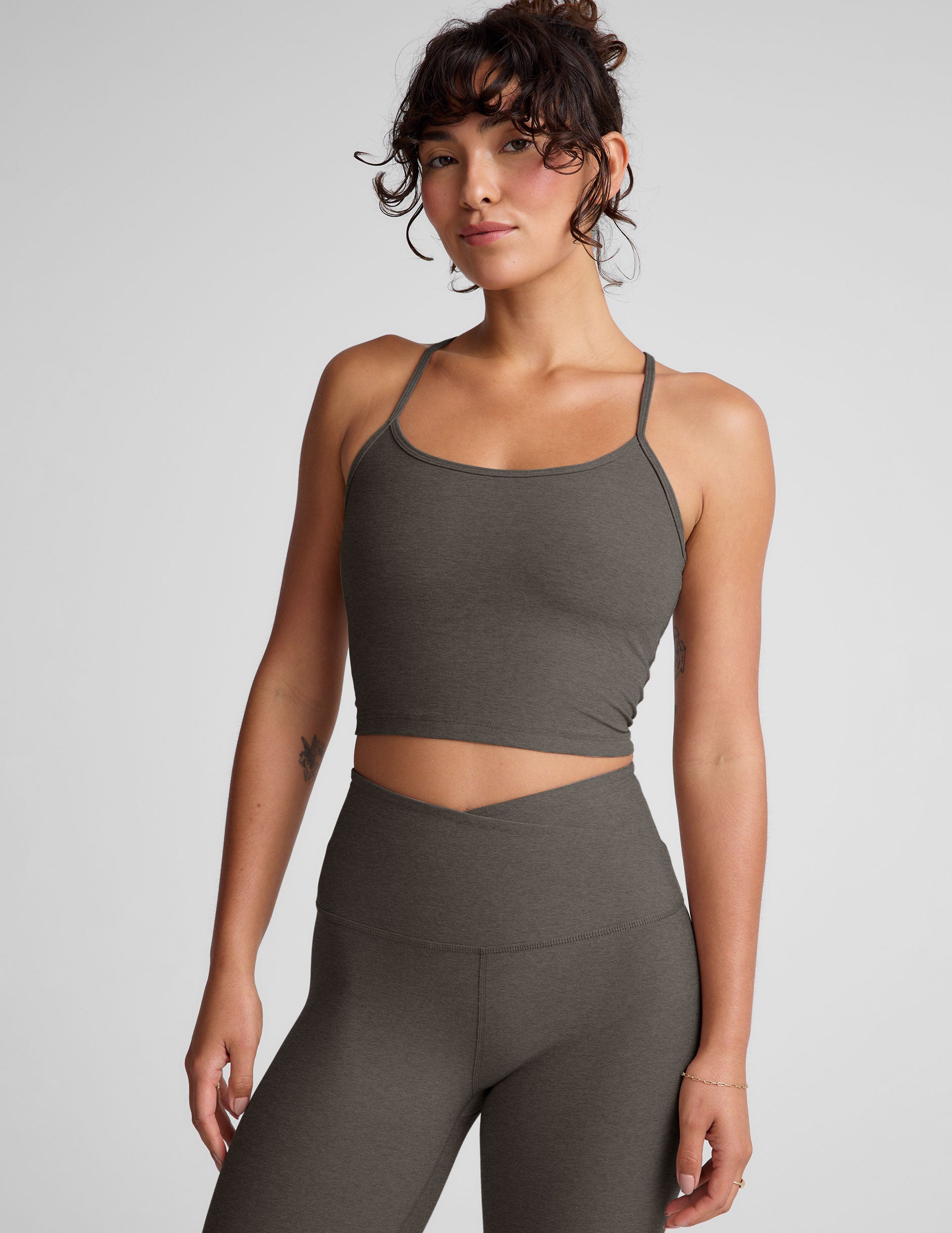 gray cropped tank skinny racerback with a keyhole detail. 