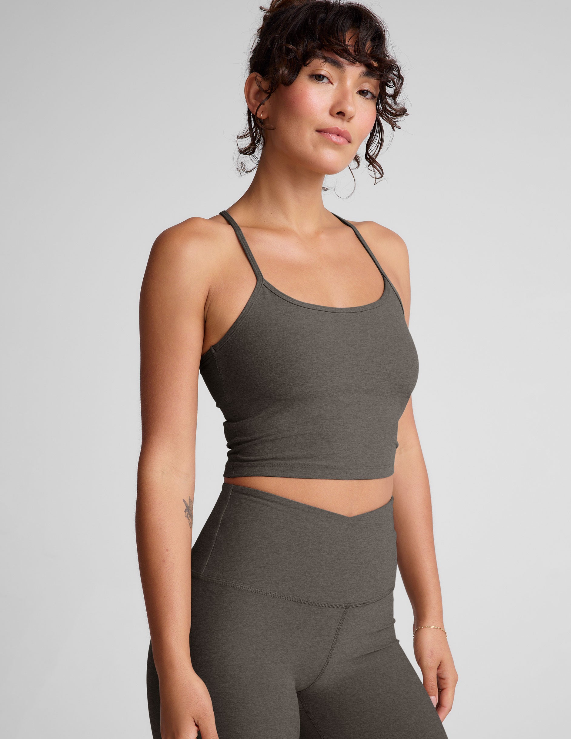 gray cropped tank skinny racerback with a keyhole detail. 