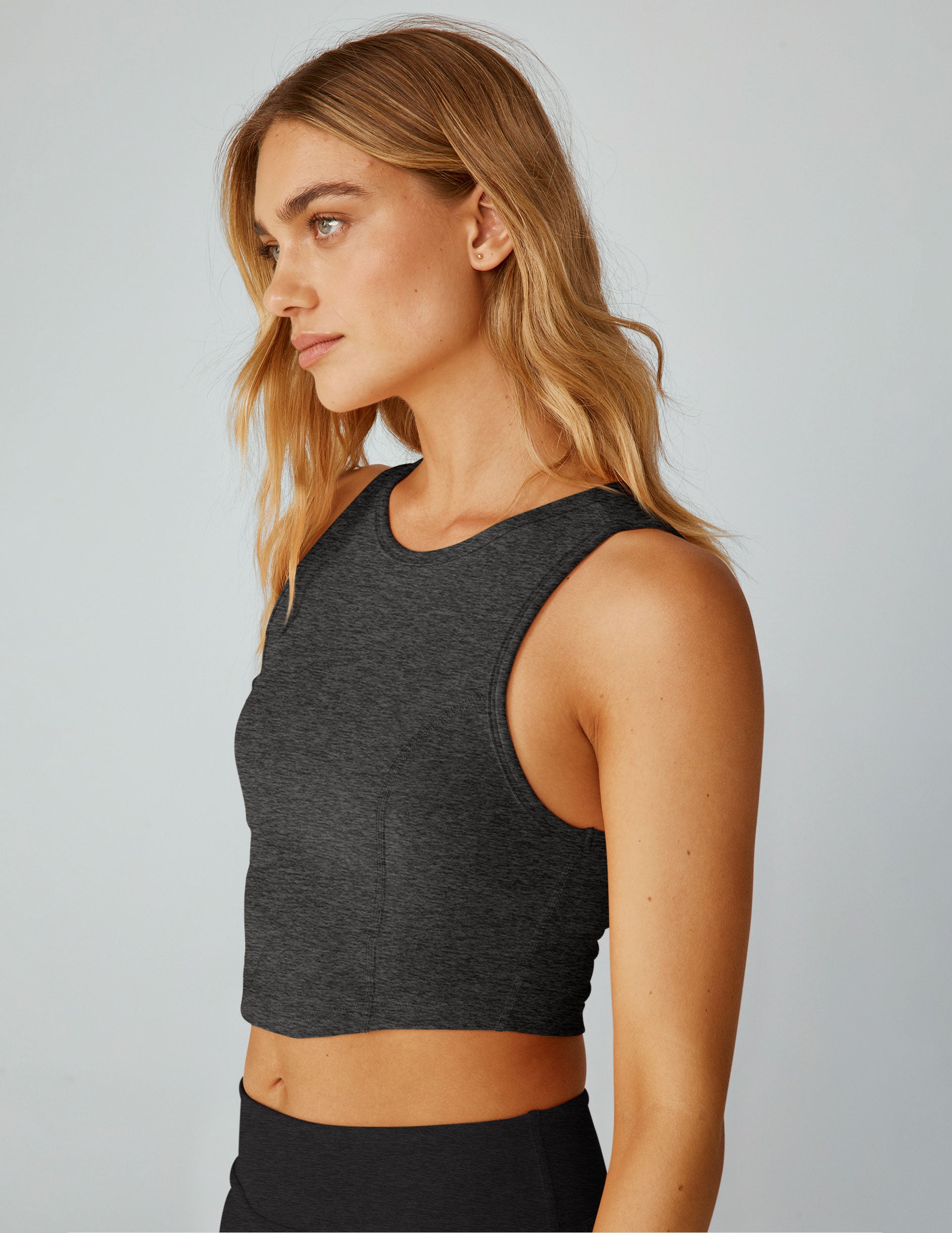 grey high-neck cropped tank top with princess seams. 