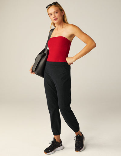 red strapless top