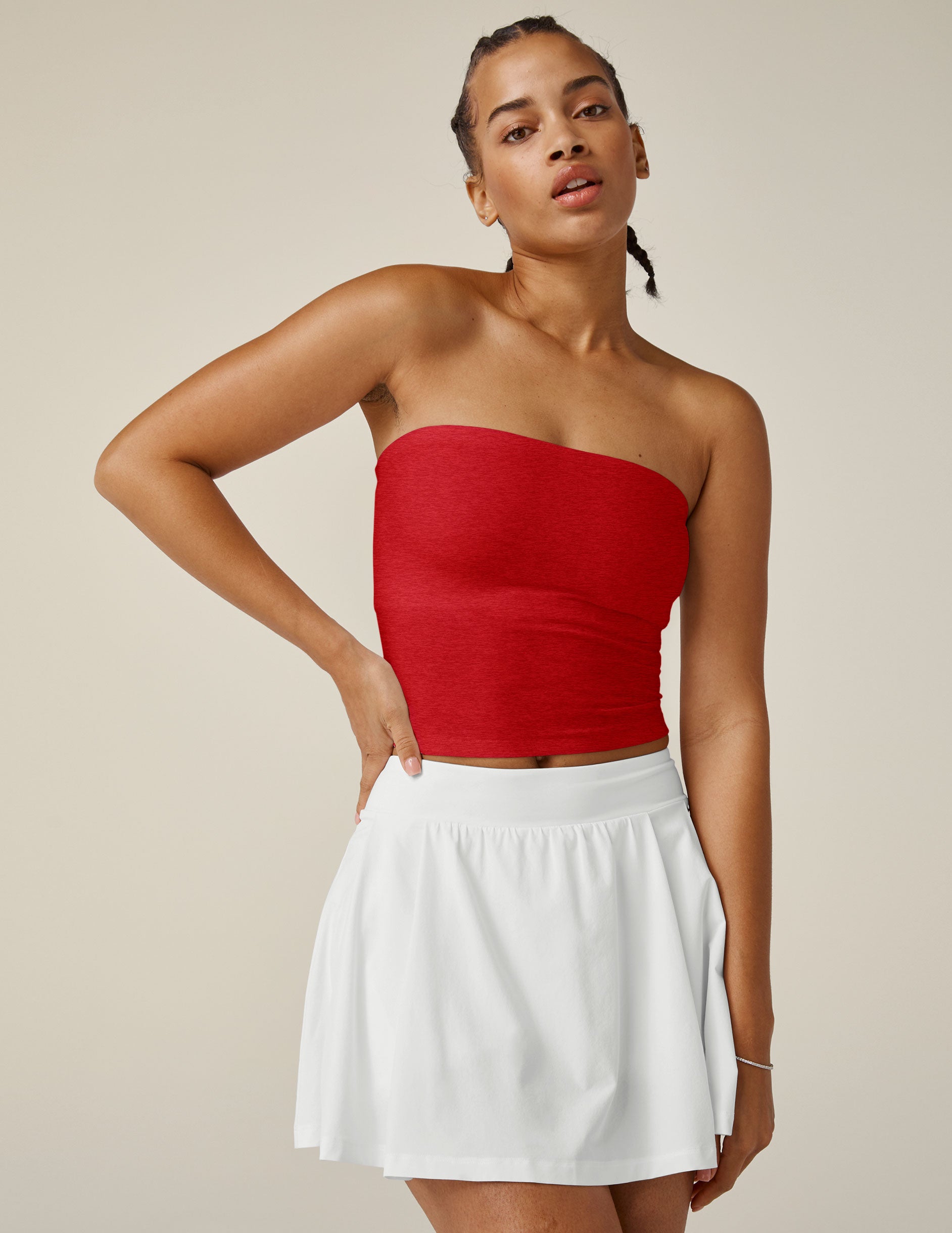 red strapless top