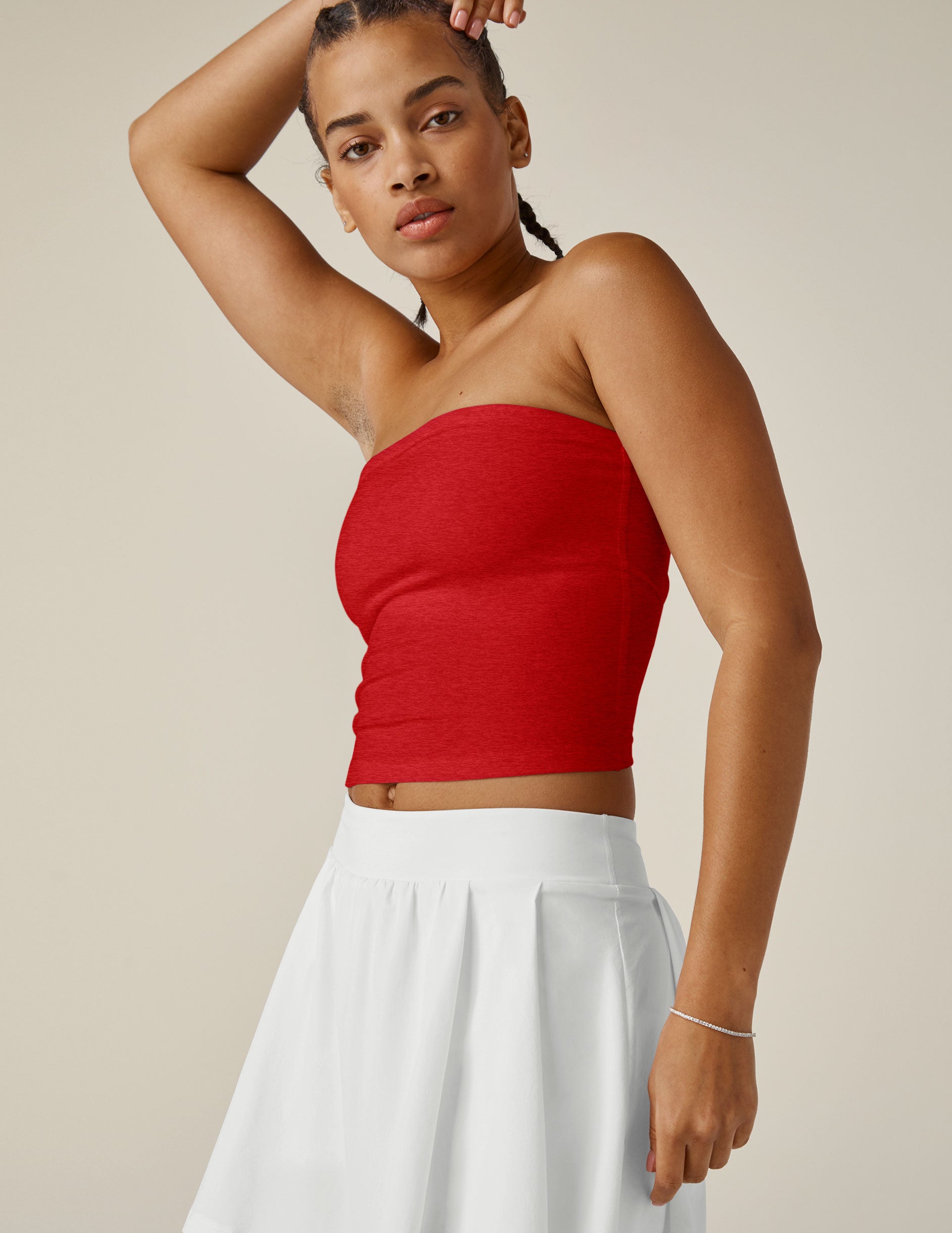 red strapless top