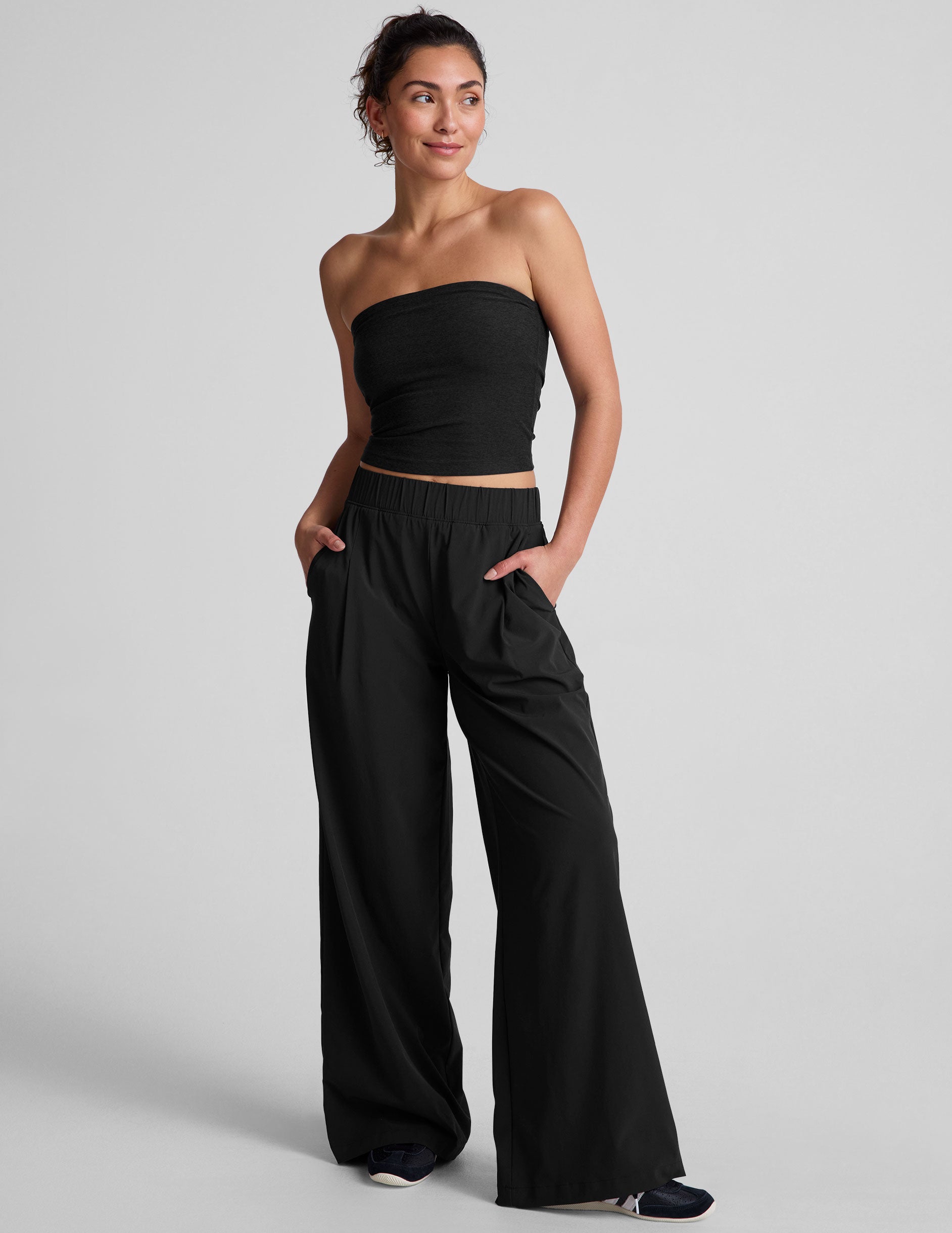 black strapless cropped top. 