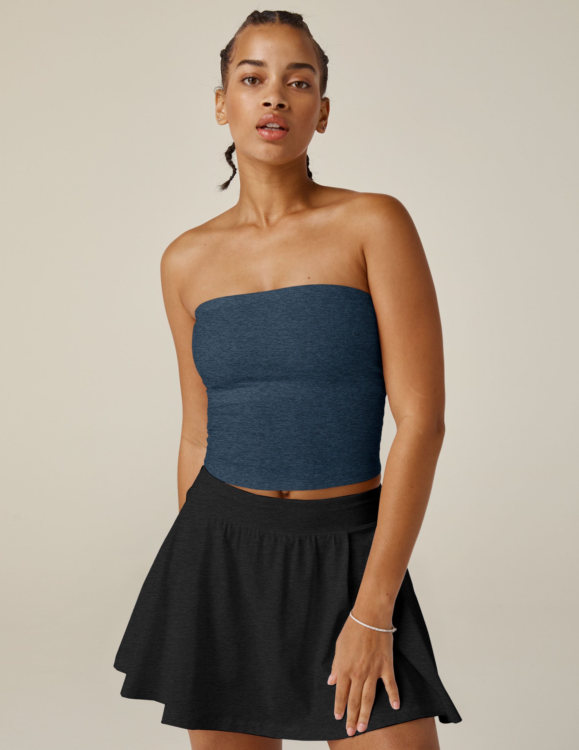 blue strapless top