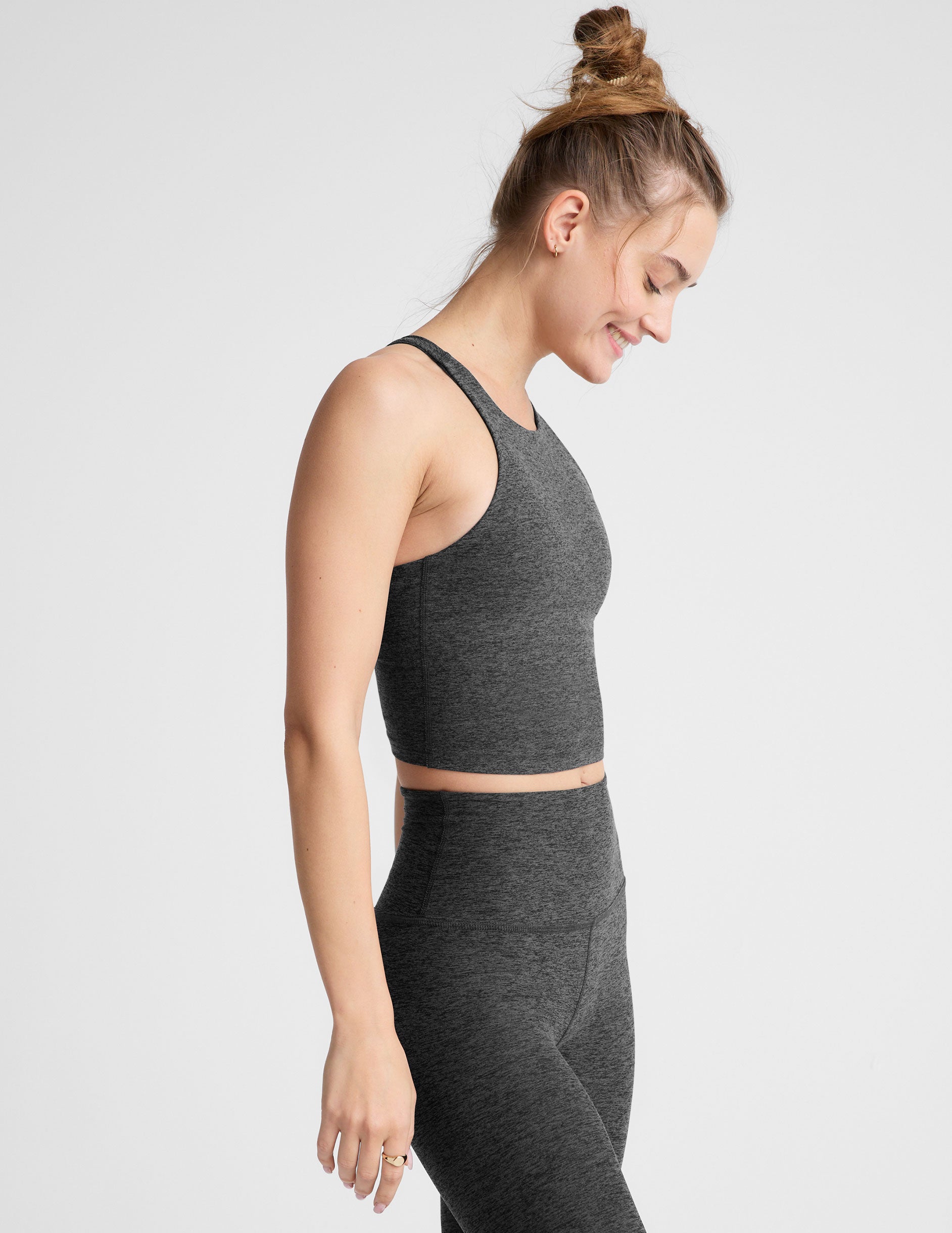 black-charcoal high neck racerback cropped tank top. 