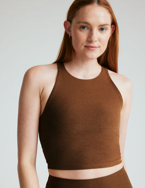 brown high-neck racerback cropped tank top. 