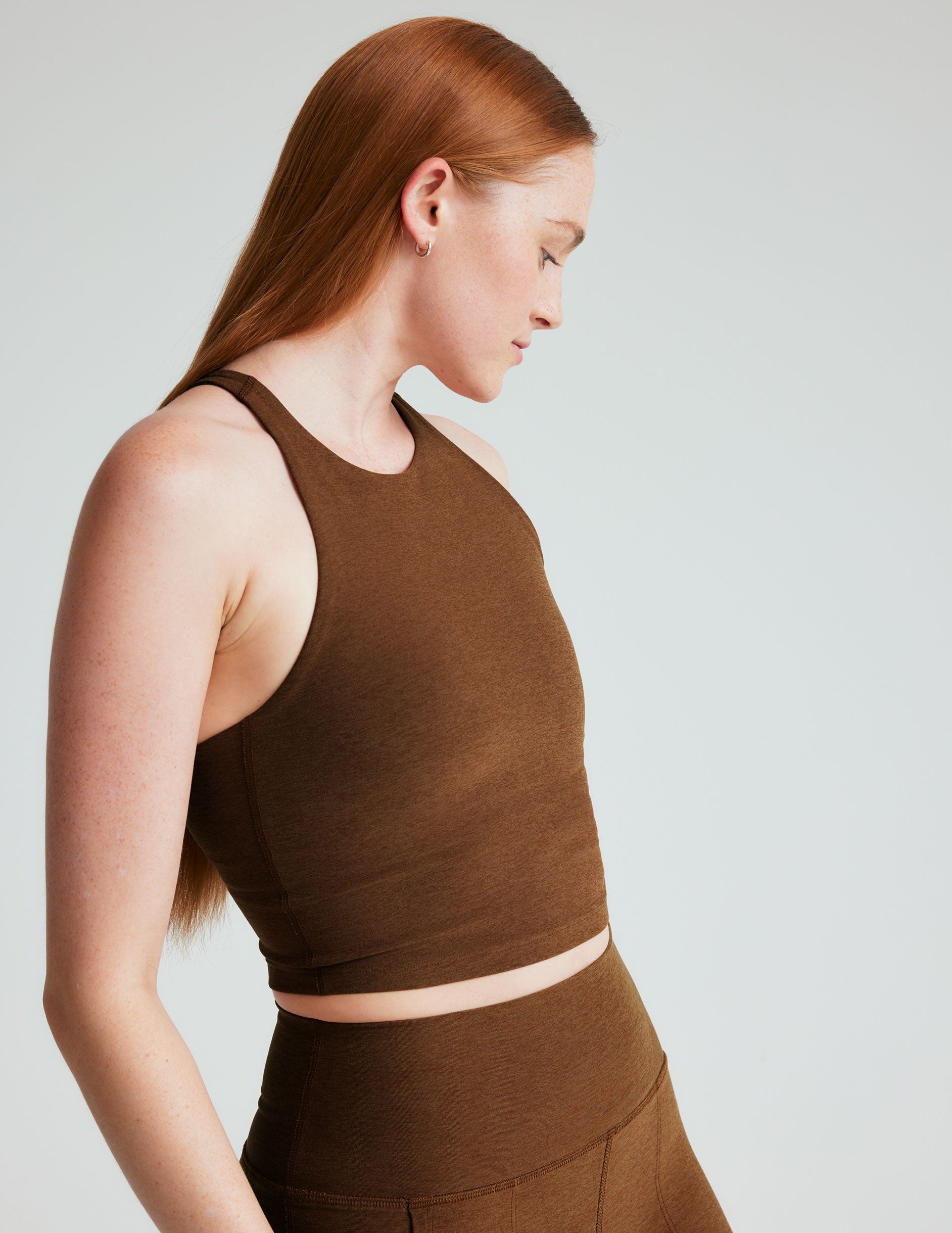 brown high-neck racerback cropped tank top. 