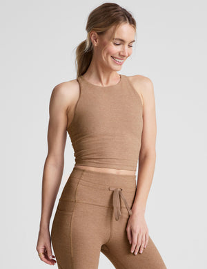 brown high-neck cropped length racerback tank top. 
