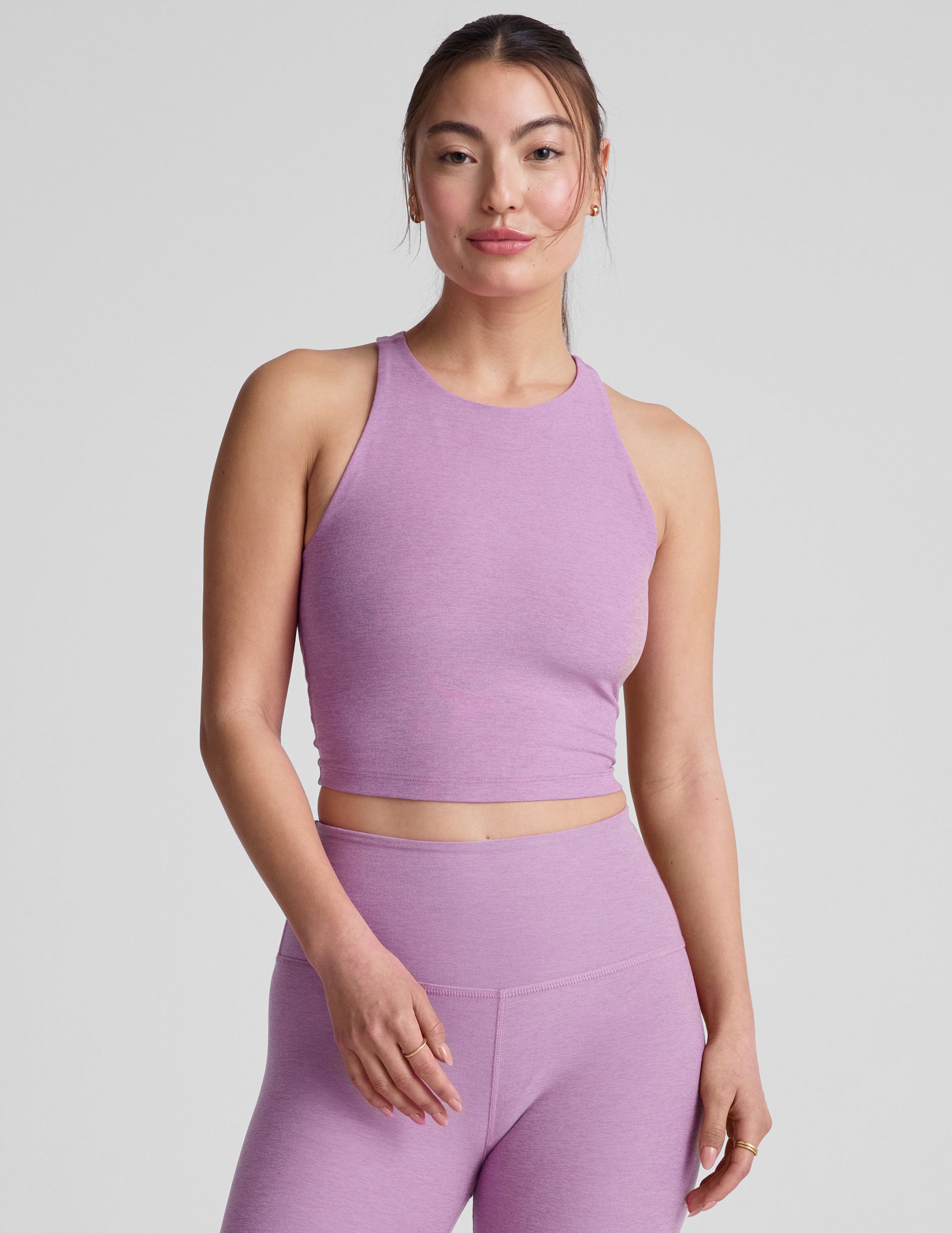 purple high-neck racerback cropped tank top. 