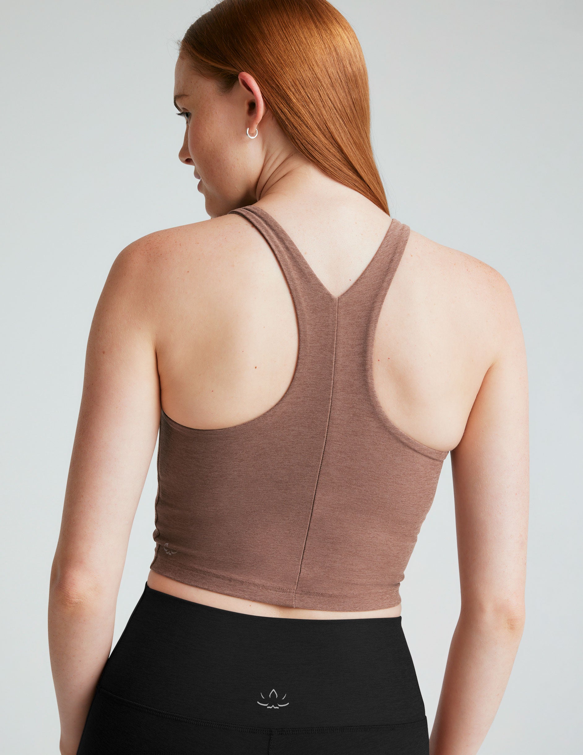 brown high-neck racerback cropped tank top. 