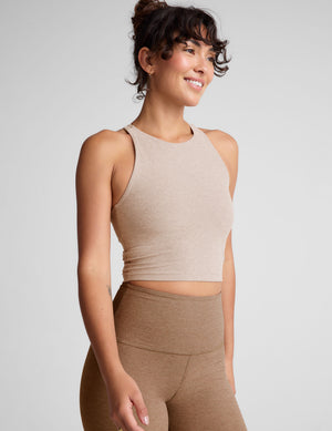 brown high-neck racerback cropped tank top. 