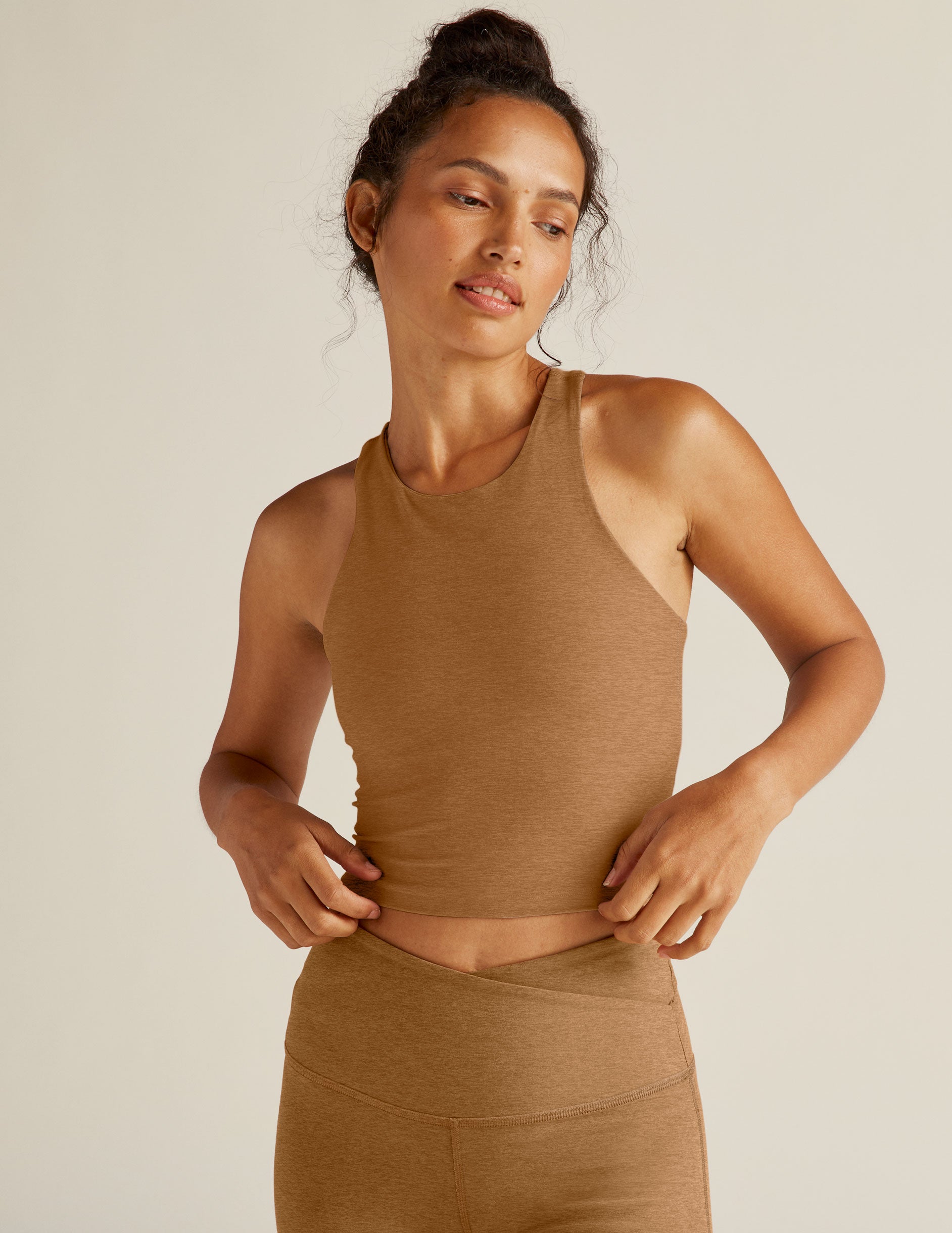 brown high scooped neck racerback cropped tank. 