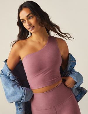 purple spacedye cropped one-shoulder tank top. 