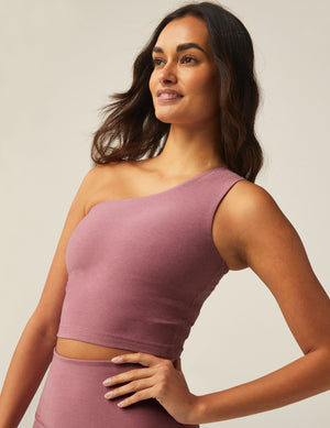 purple spacedye cropped one-shoulder tank top. 
