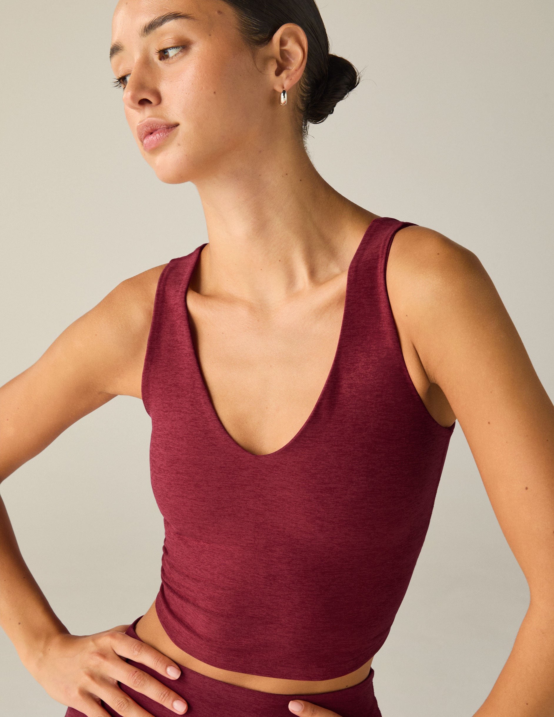 red v-neck cropped tank top. 