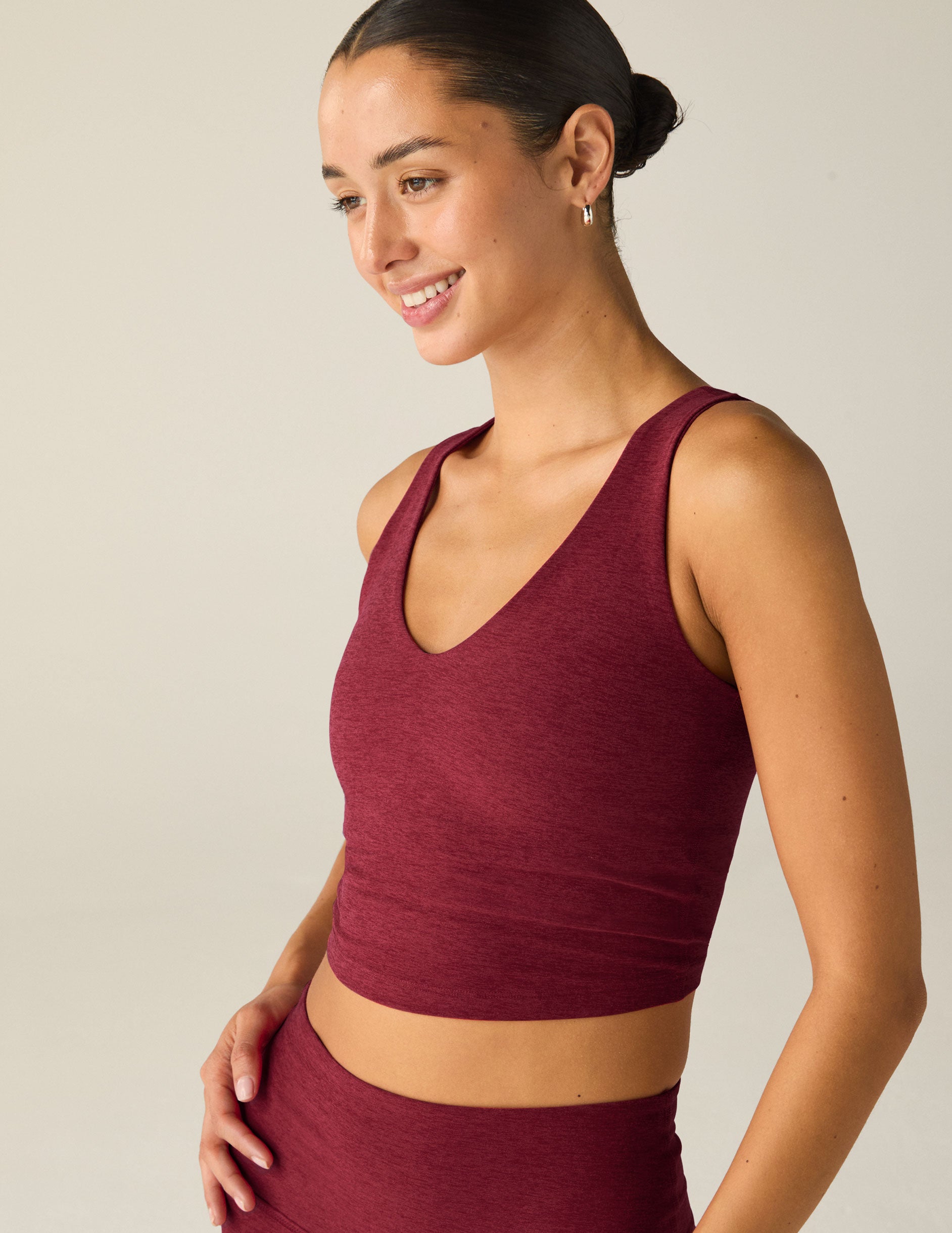 red v-neck cropped tank top. 