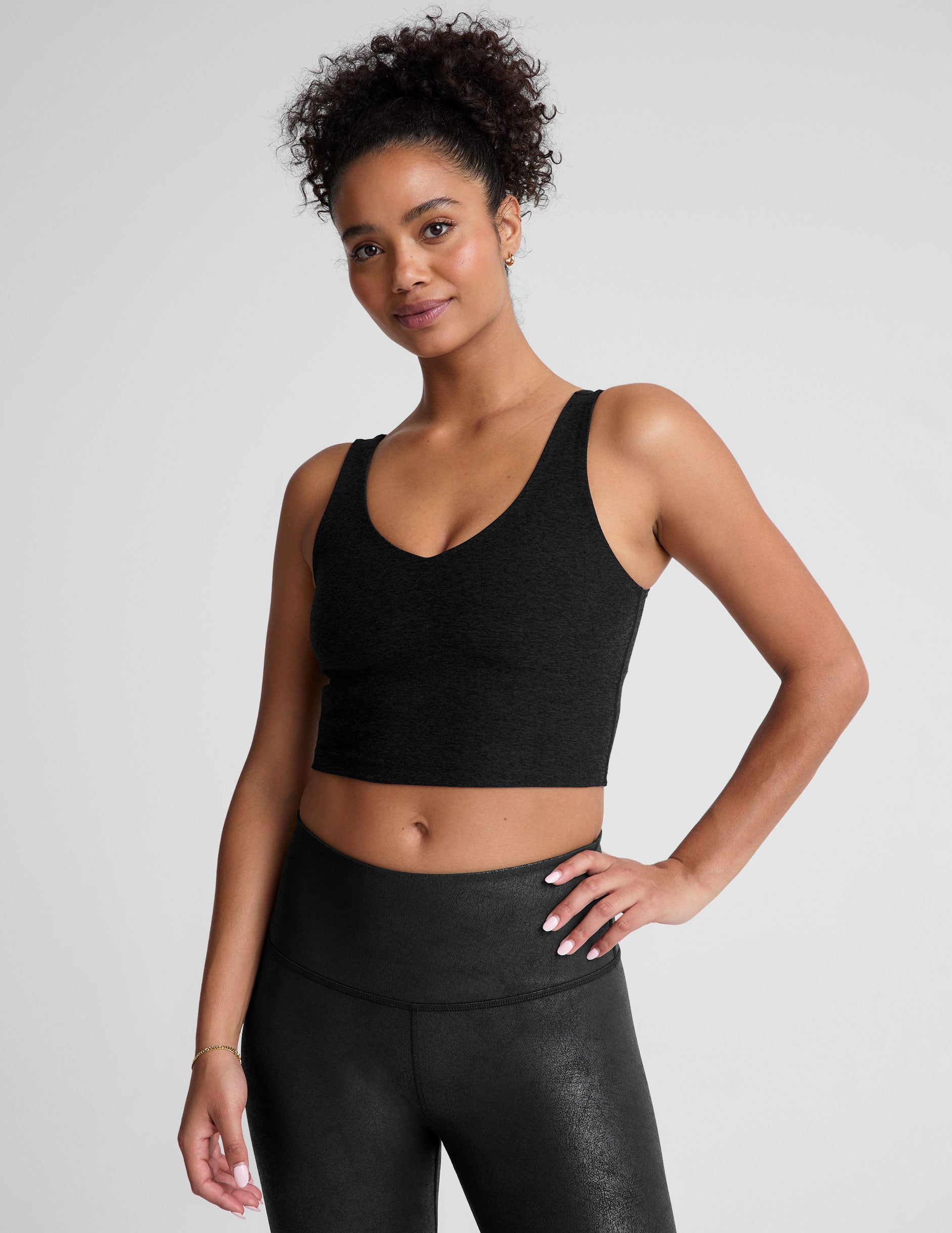 black v-neck cropped tank top. 