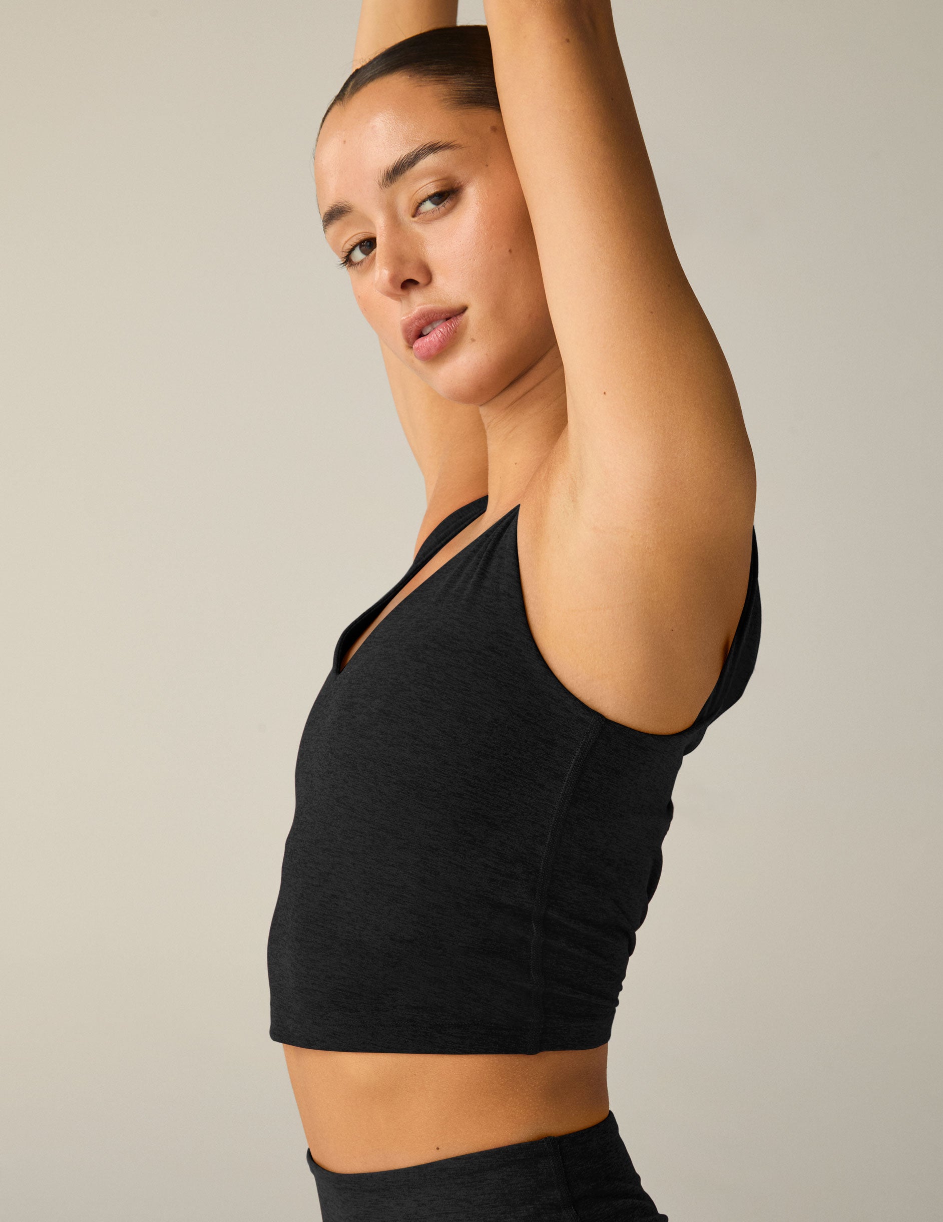 black v-neck cropped tank top. 