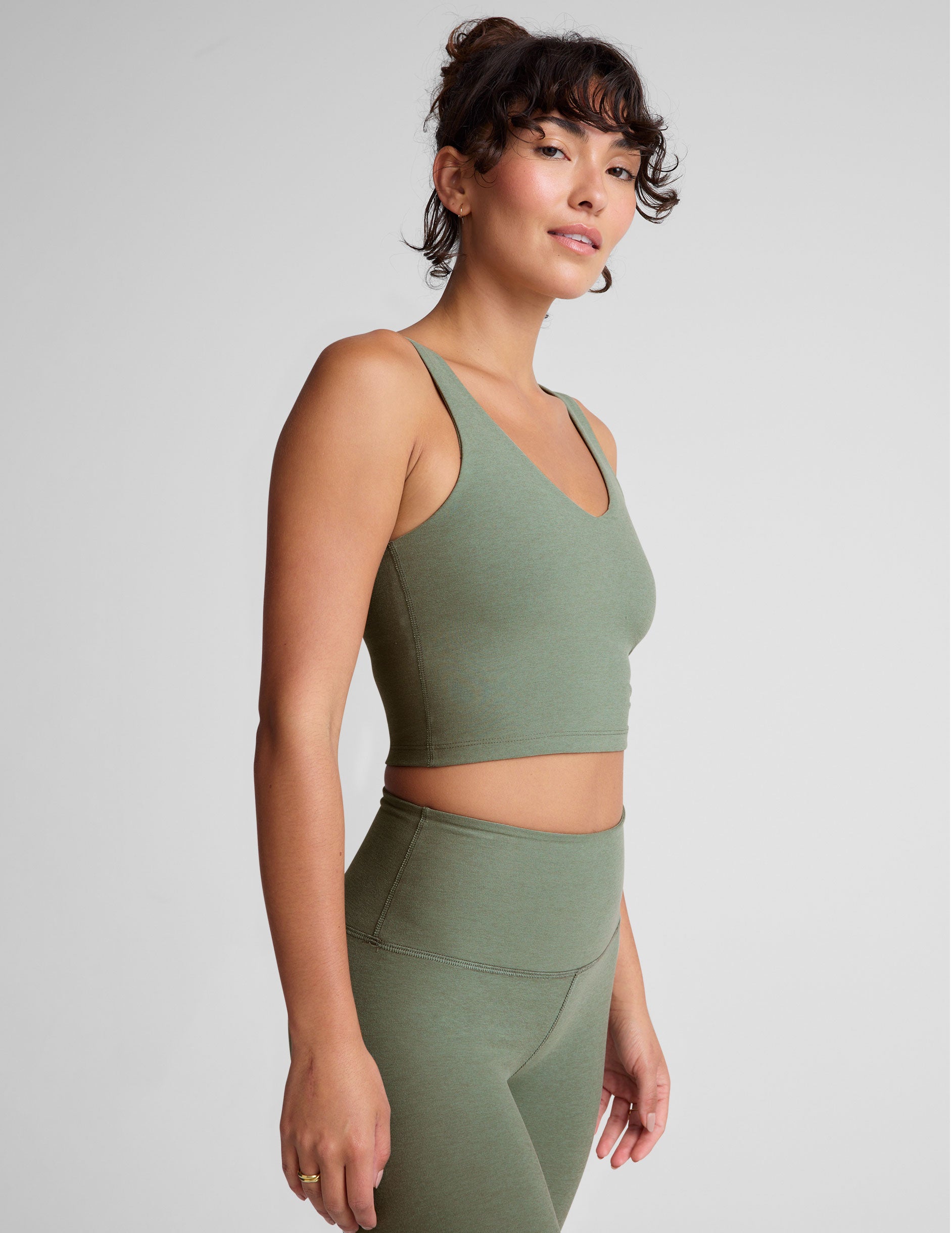 green double v-neck cropped tank top. 