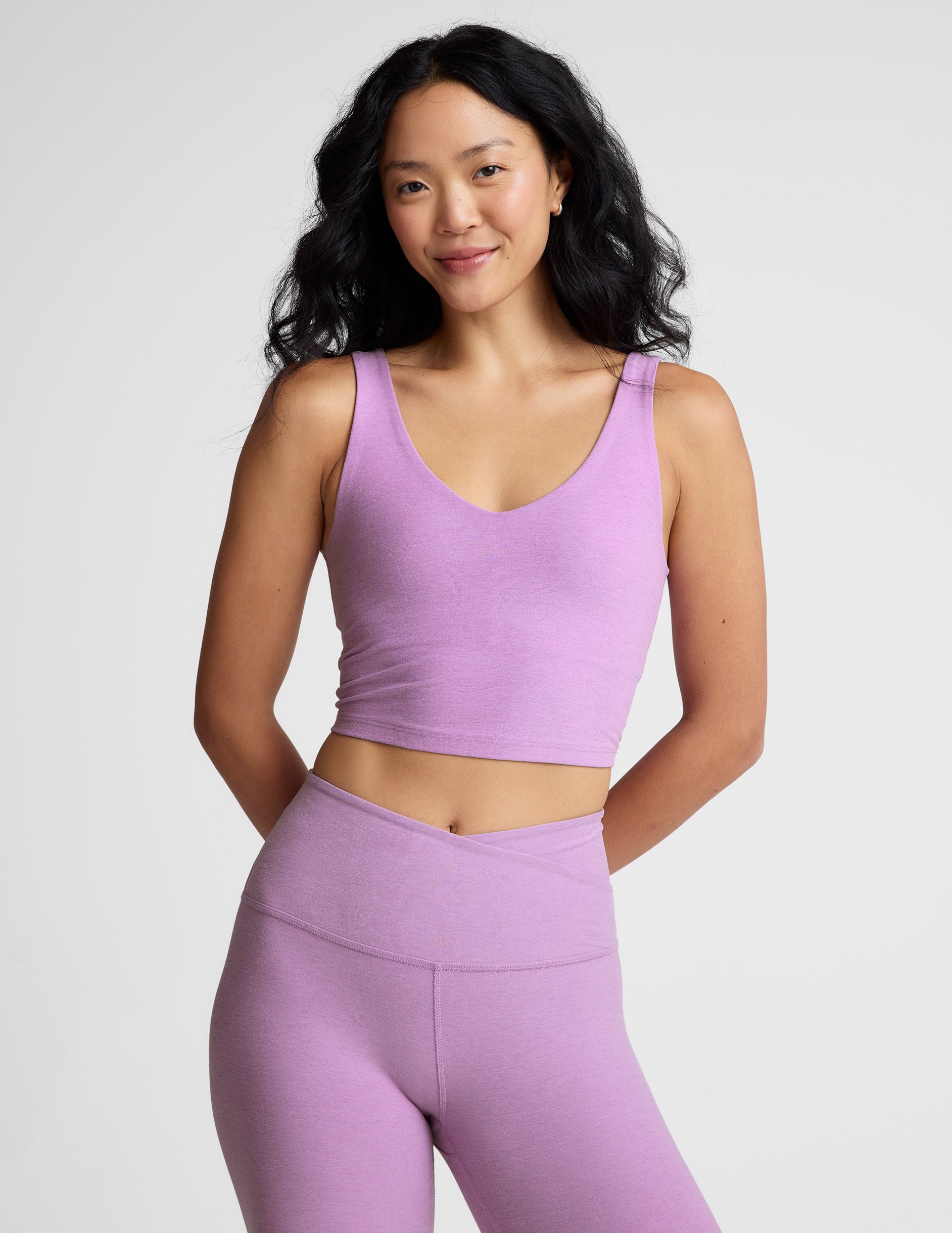 purple double v-neck cropped tank. 