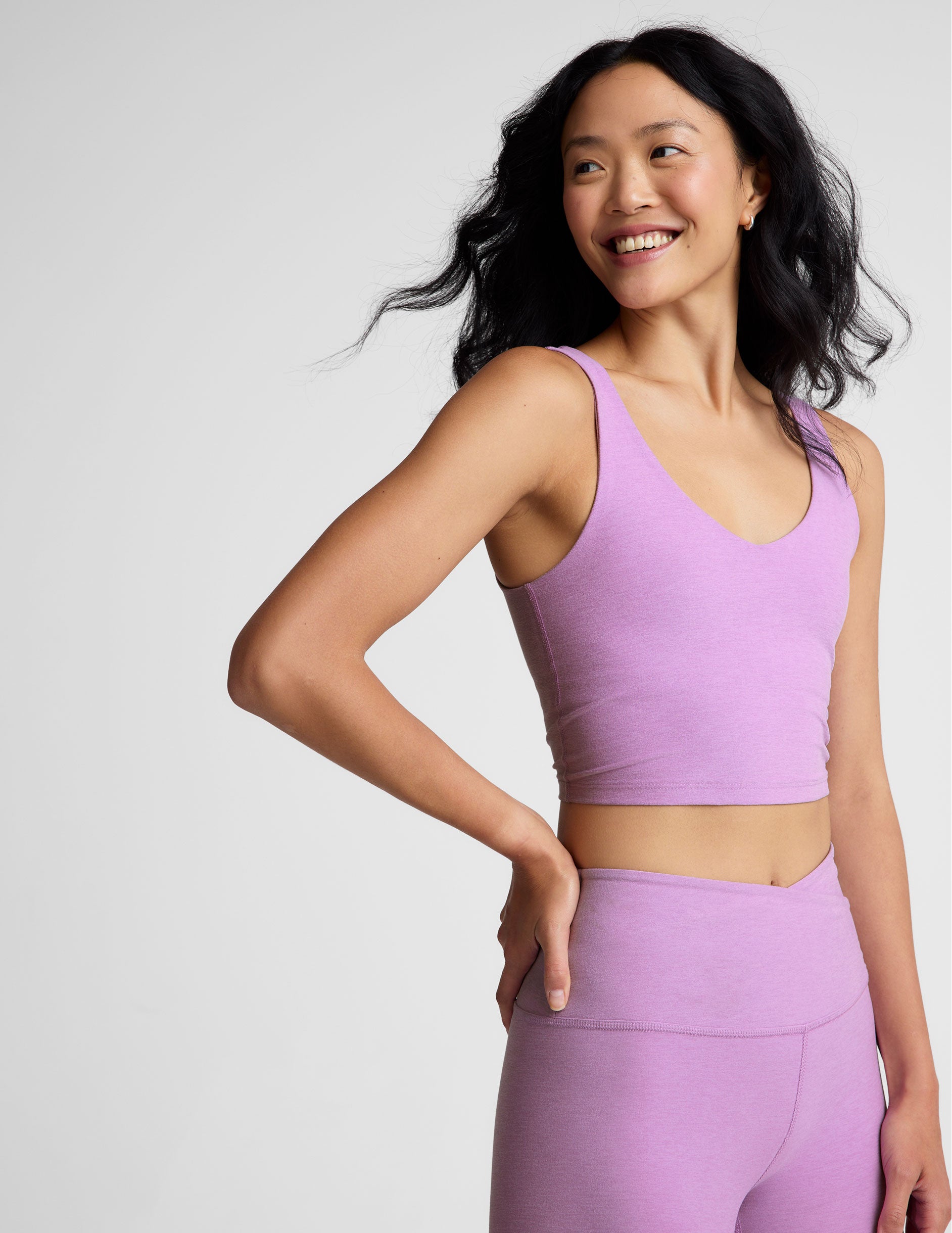 purple double v-neck cropped tank. 