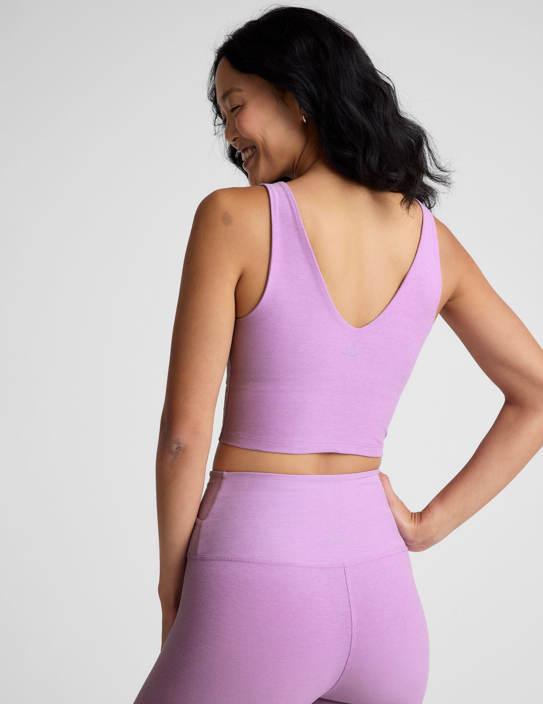 purple double v-neck cropped tank. 